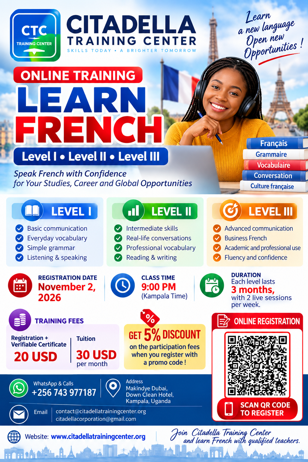 Online French course for 3 months each Level -register Now