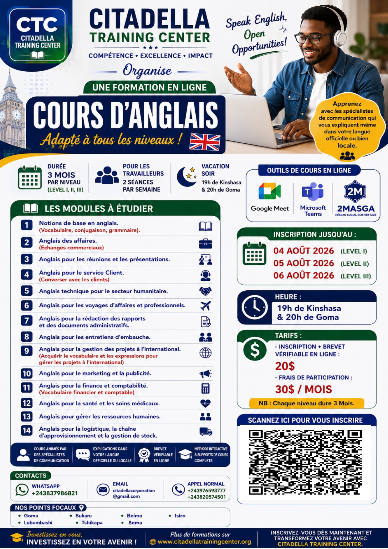 Formation en ligne d'anglais LEVEL I,II & III