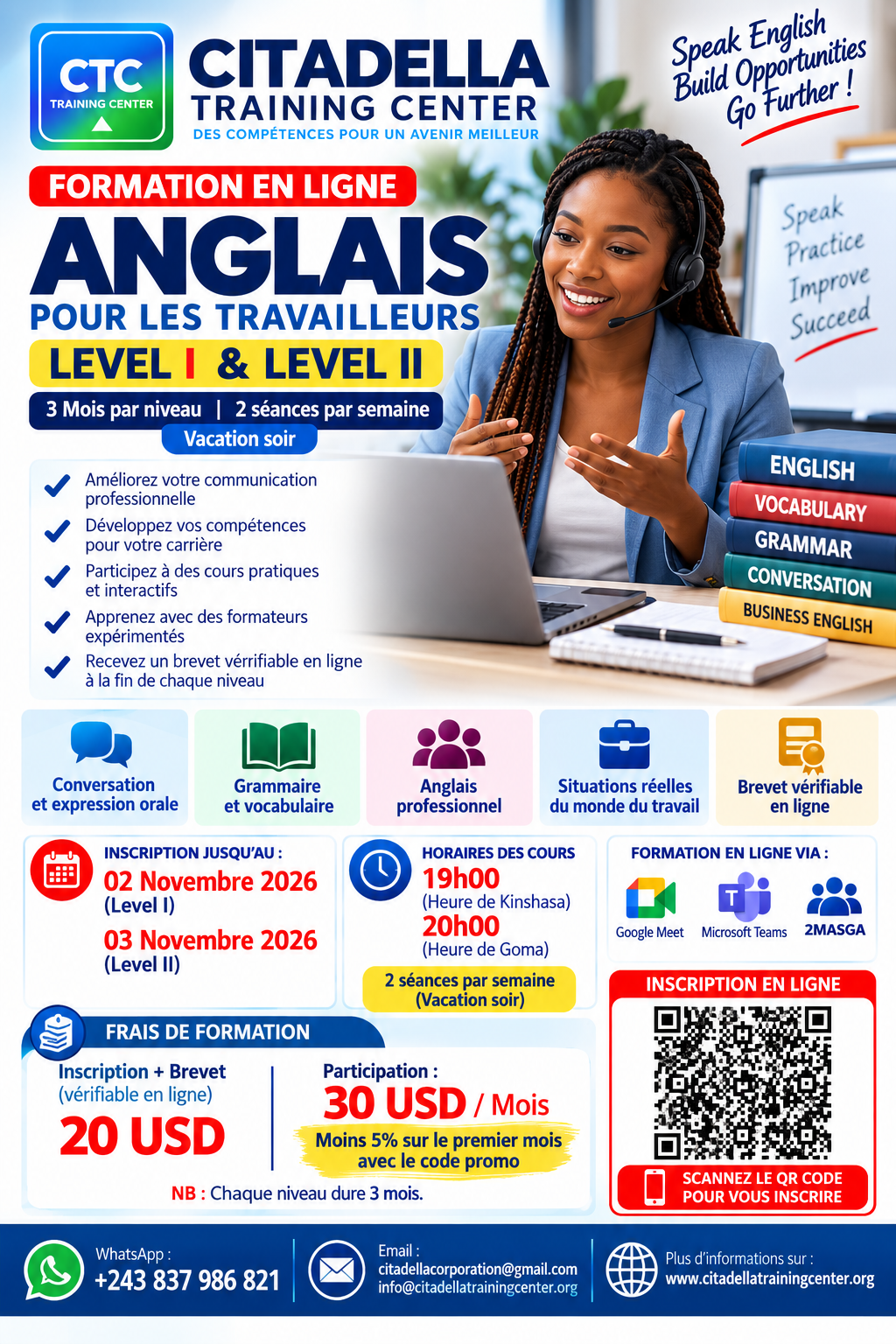 Formation  en ligne d'Anglais pour 3 mois -Level I &II